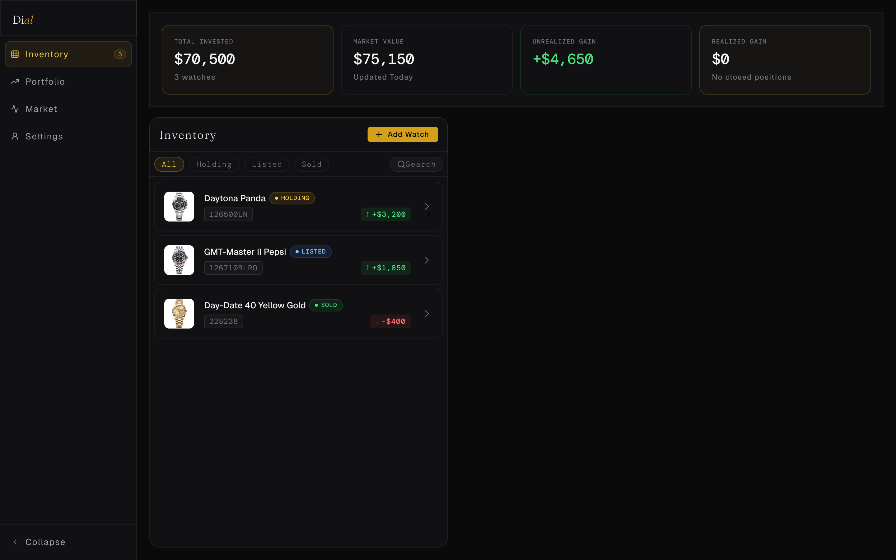 Dial - Dashboard Inventory List